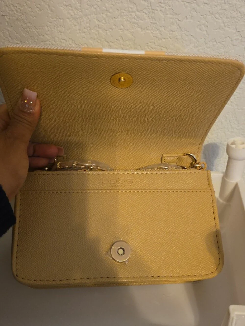 bebe Beige Clutch with Yellow and White Stripes